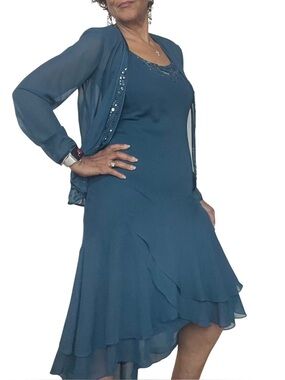 S.L. Fashions Teal Layered Midi Dress with Beaded Jacket